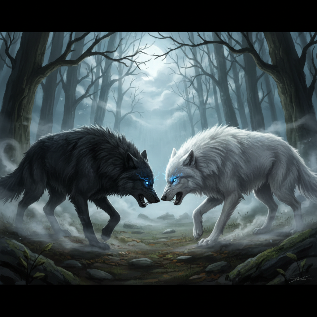 Two wolves — one black, one white — facing each other